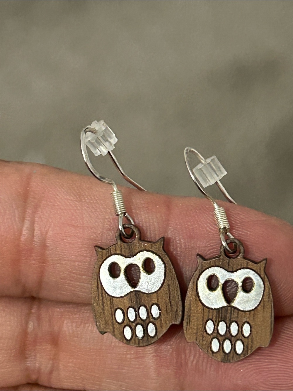 Wooden Owl Dangle Earrings - Brown & White Cute Owls